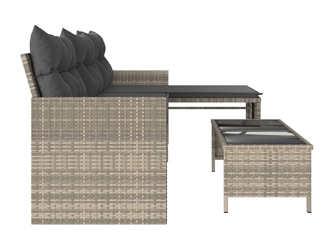 Canapé de jardin et table et coussins en forme de L gris clair