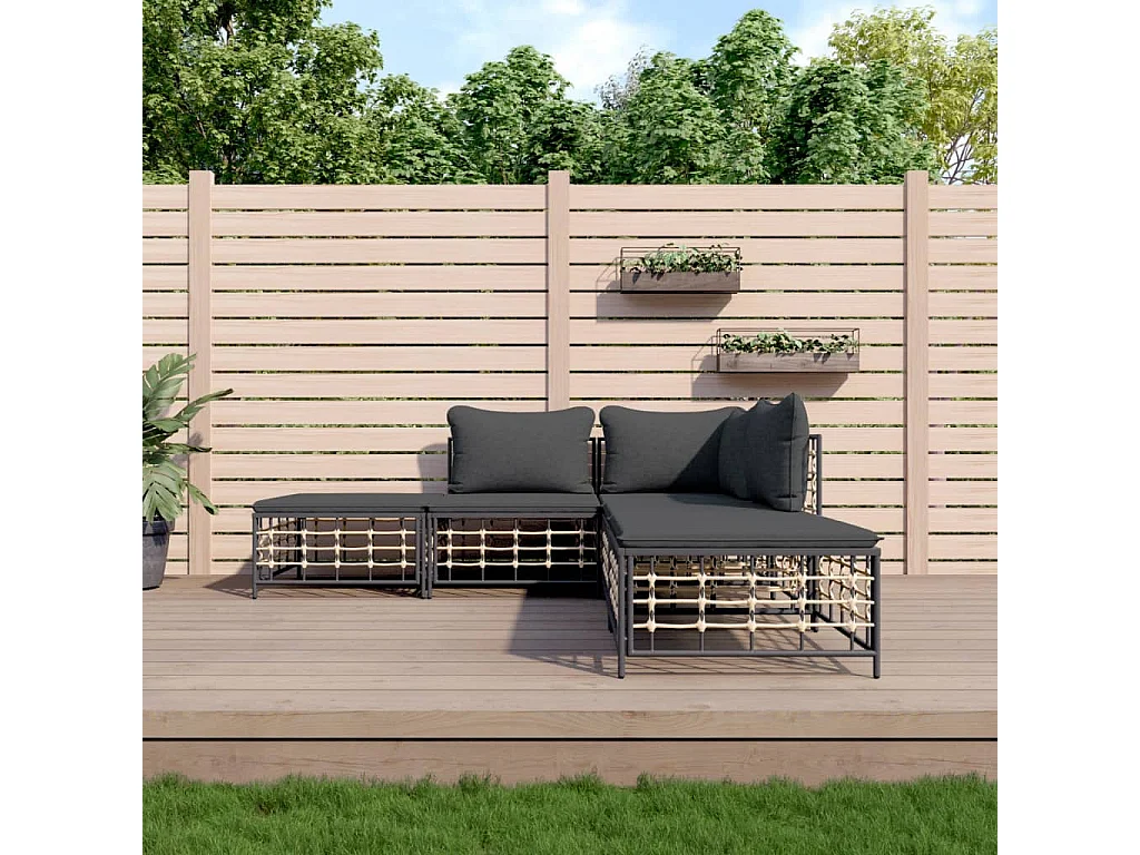 5 Stück Gartenmöbel mit anthrazitfarbenen geflochtenen Harzkissen