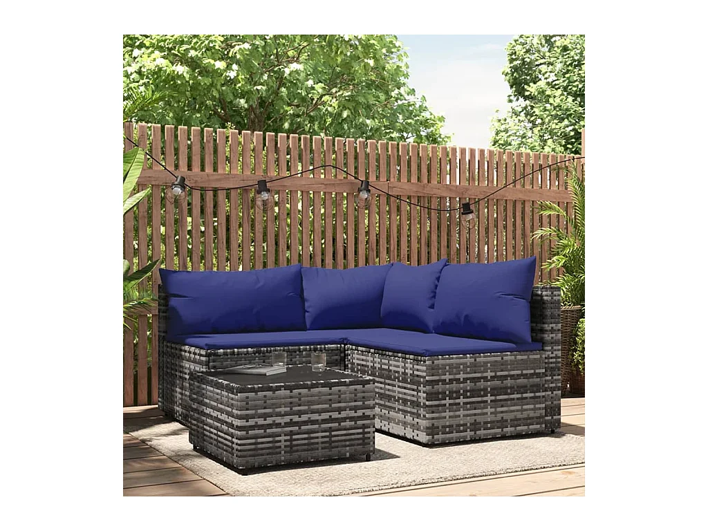Mobili da giardino 4 pezzi con cuscini grigi Vimini in resina
