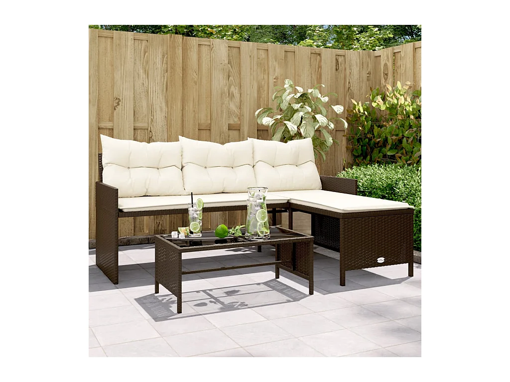 Canapé de jardin avec table et coussins en forme de L marron