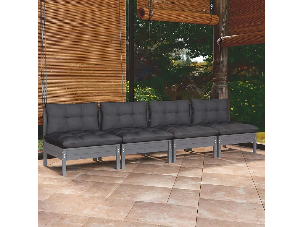 Canapé 4 places de jardin avec coussins anthracite Bois de pin