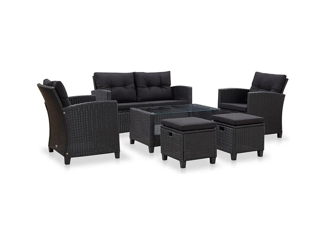 Canapés de jardin 6 pcs avec coussins Résine tressée Noir