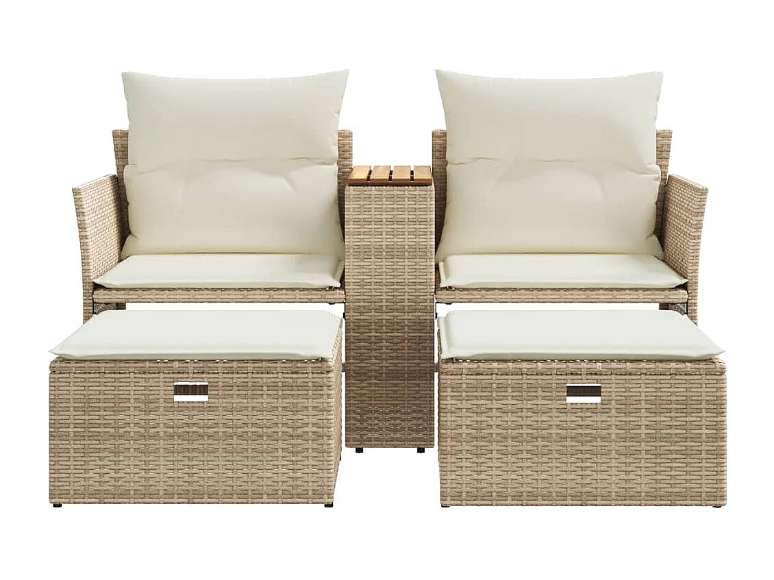 Canapé de jardin 2 places avec tabourets beige résine tressée