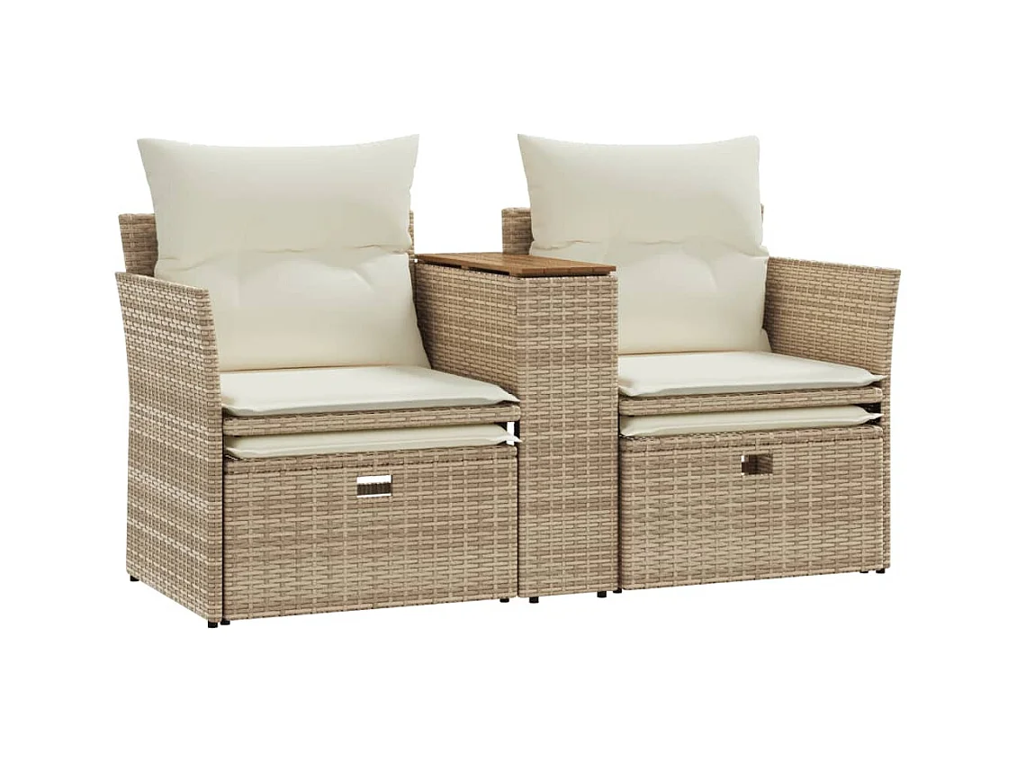 Canapé de jardin 2 places avec tabourets beige résine tressée