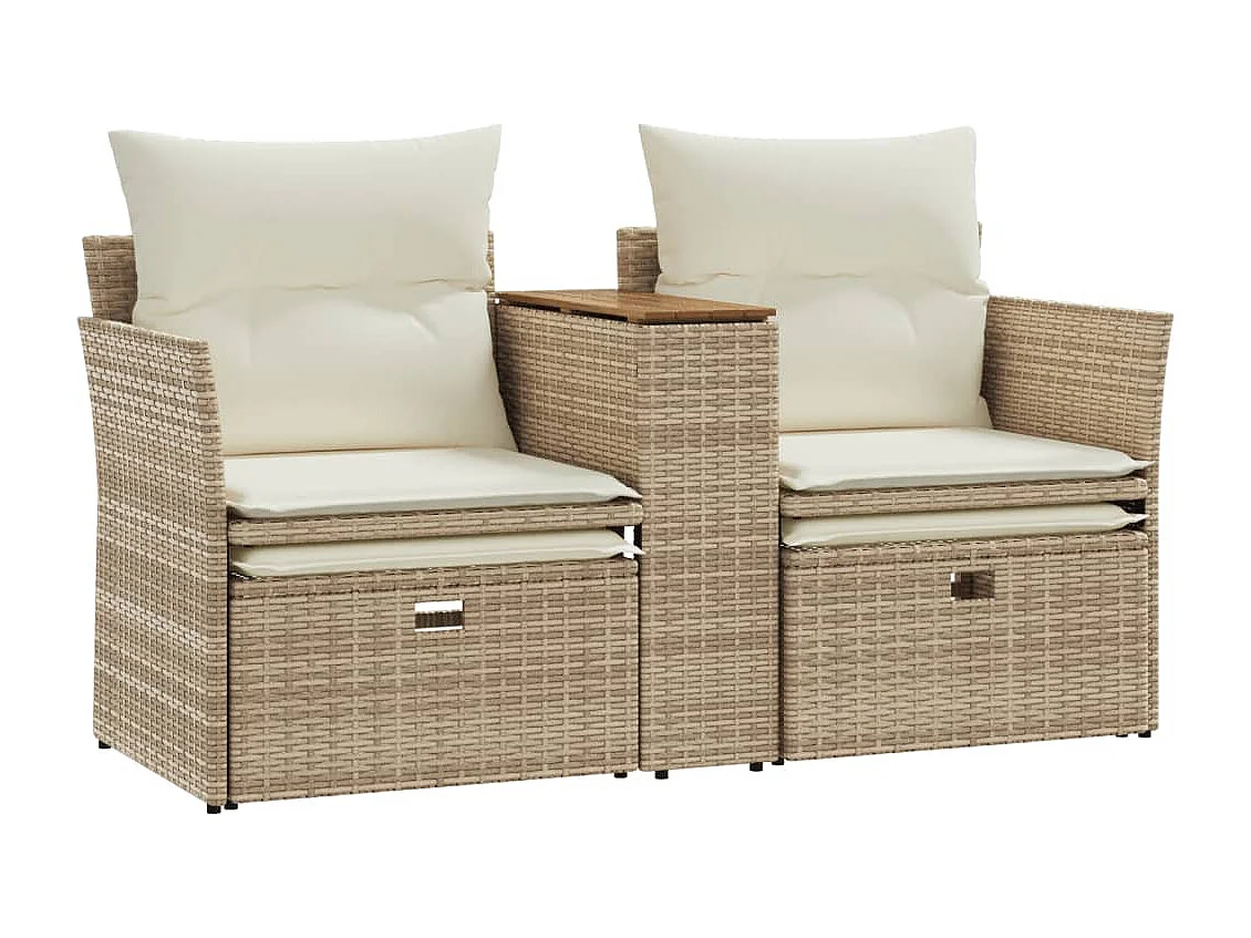 Canapé de jardin 2 places avec tabourets beige résine tressée