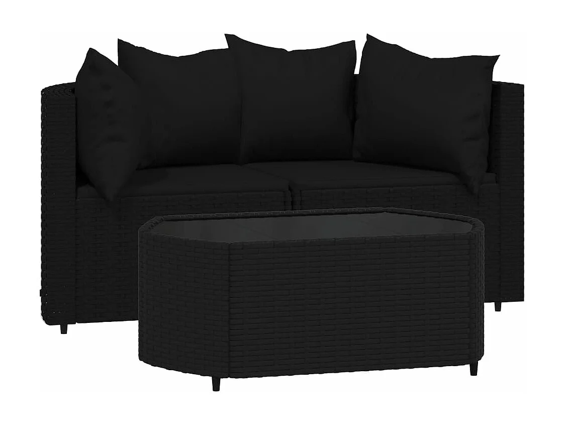 3 muebles de jardín con cojines de mimbre de resina negra.