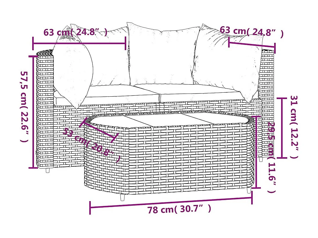3 muebles de jardín con cojines de mimbre de resina negra.