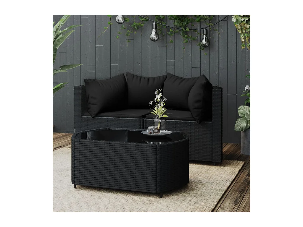 Salon de jardin 3 pcs avec coussins Noir Résine tressée