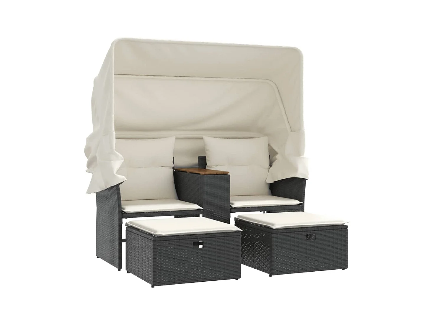 Canapé de jardin 2 places avec auvent et tabourets noir rotin