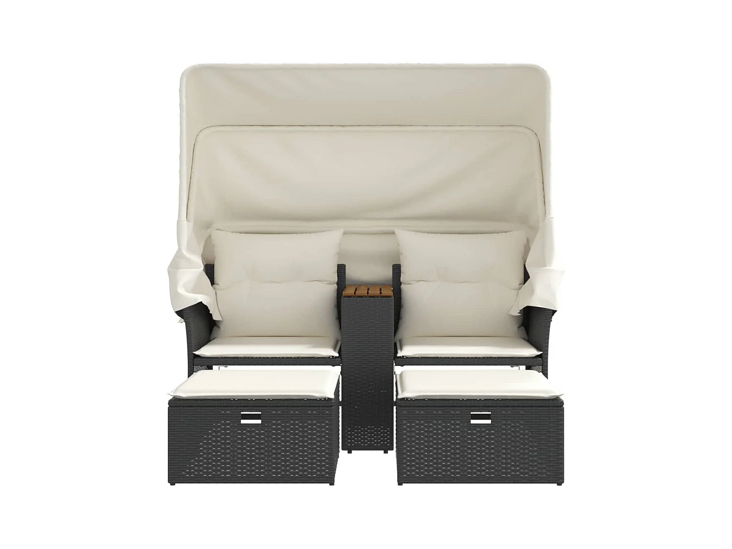 Canapé de jardin 2 places avec auvent et tabourets noir rotin