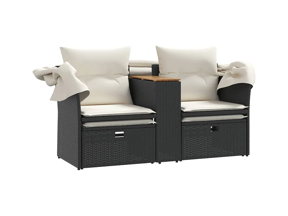 Canapé de jardin 2 places avec auvent et tabourets noir rotin