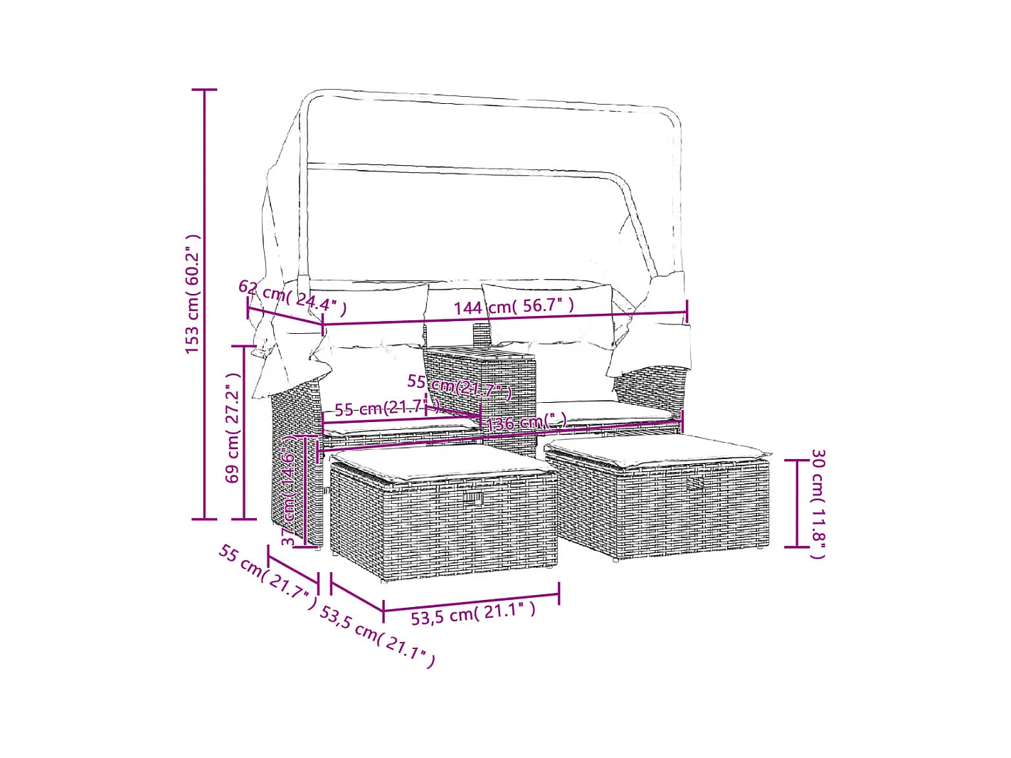 Canapé de jardin 2 places avec auvent et tabourets noir rotin