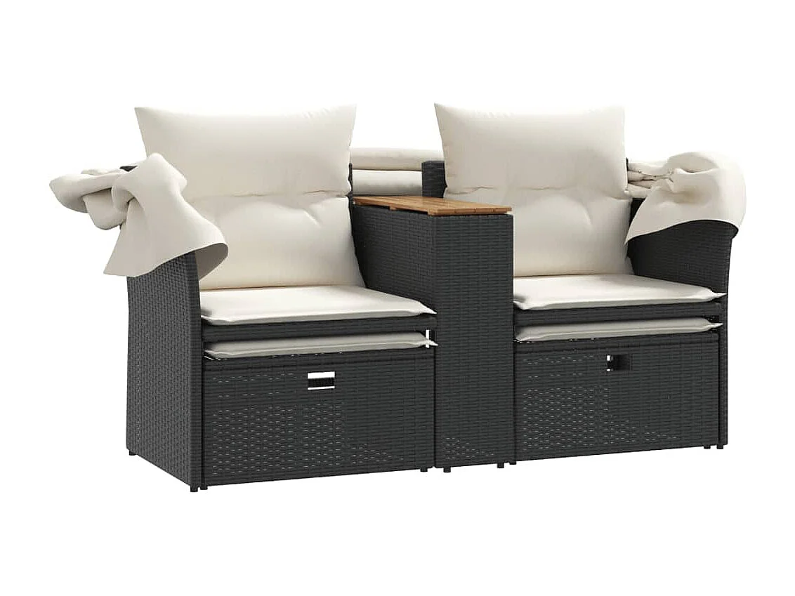 Canapé de jardin 2 places avec auvent et tabourets noir rotin