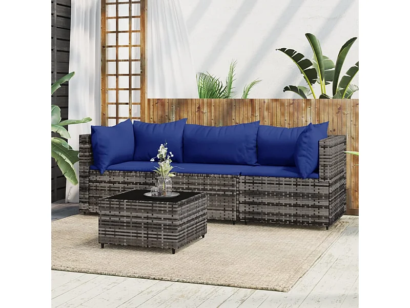Salon de jardin 4 pcs avec coussins Gris Résine tressée