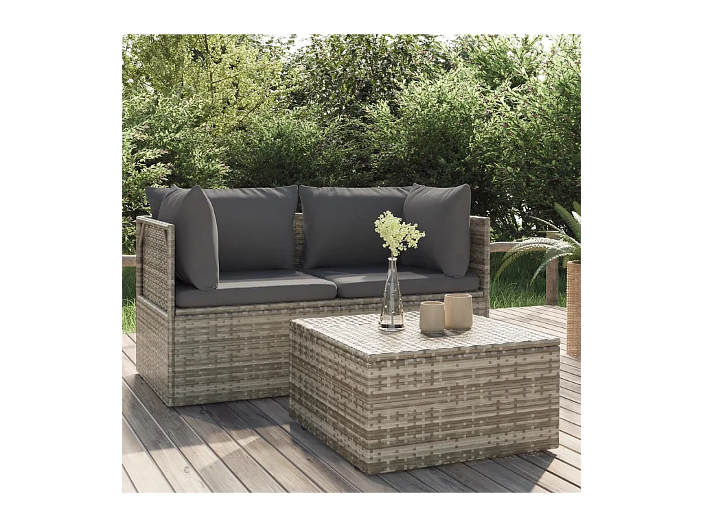 Salon de jardin 3 pcs avec coussins Gris Résine tressée