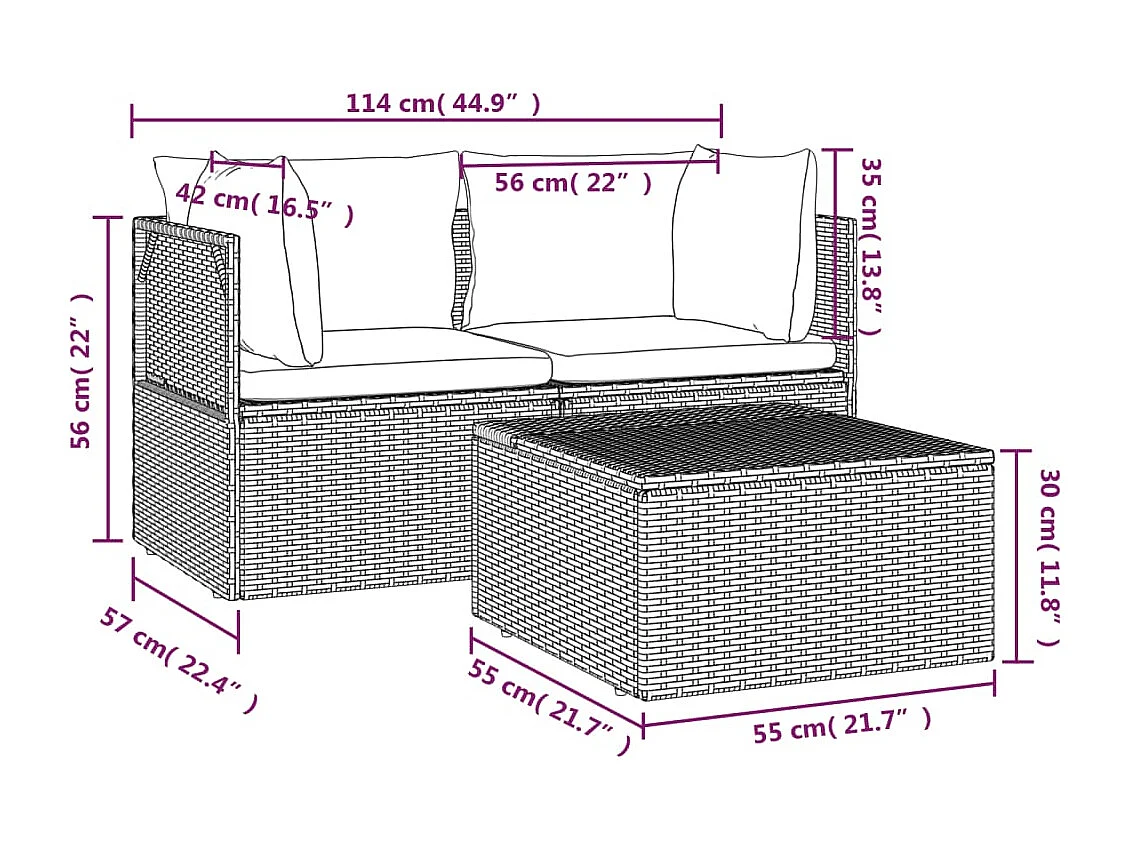 Salon de jardin 3 pcs avec coussins Gris Résine tressée