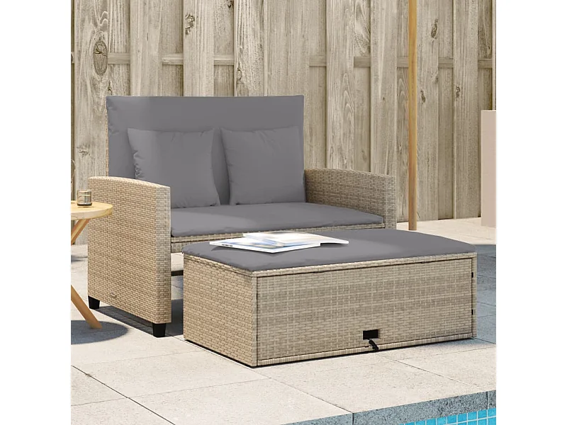 Canapé de jardin avec coussins 2 places beige résine tressée