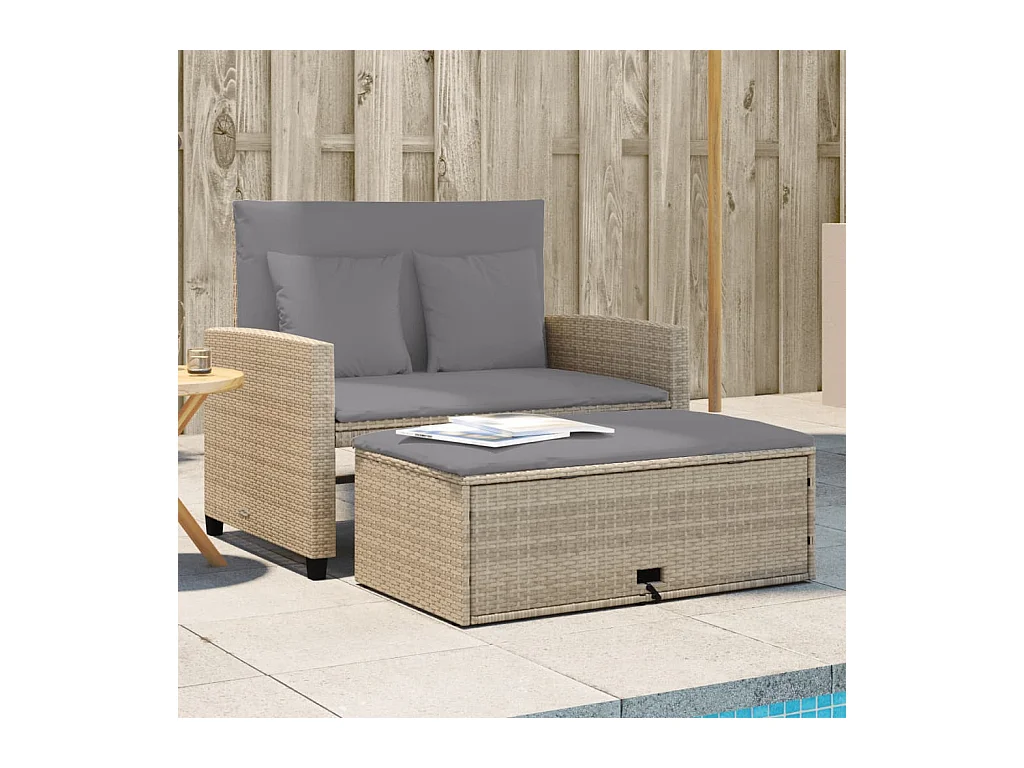 Canapé de jardin avec coussins 2 places beige résine tressée