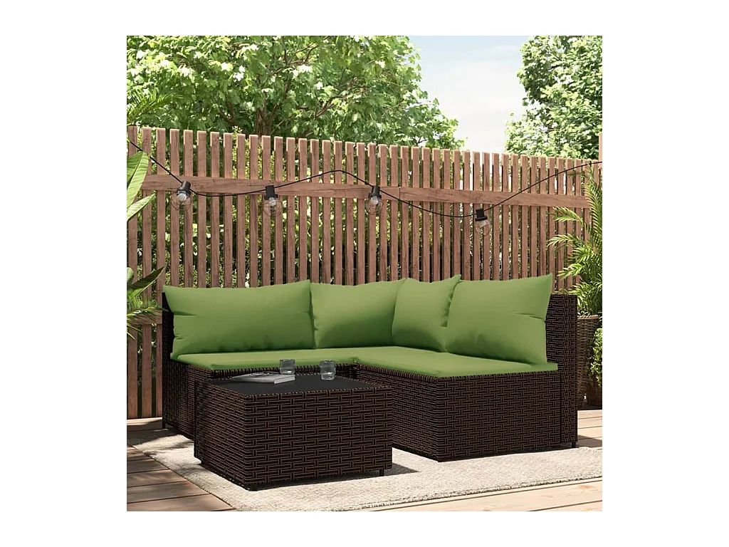 Salon de jardin 4 pcs avec coussins Marron Résine tressée