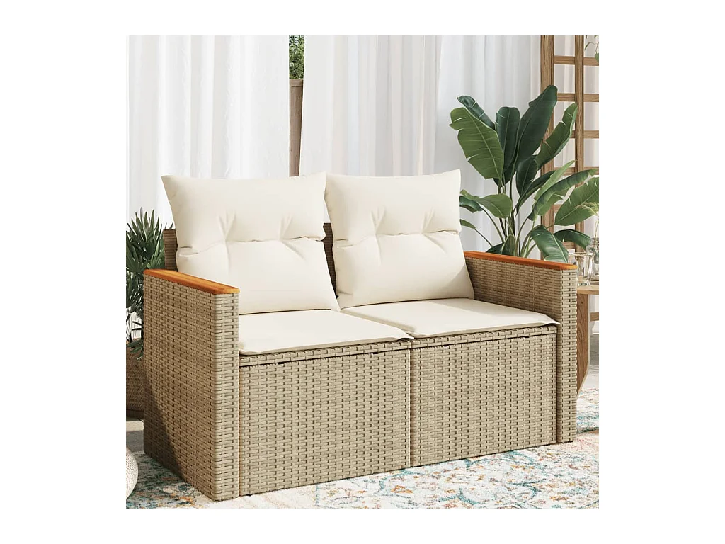 Canapé de jardin avec coussins 2 places beige résine tressée