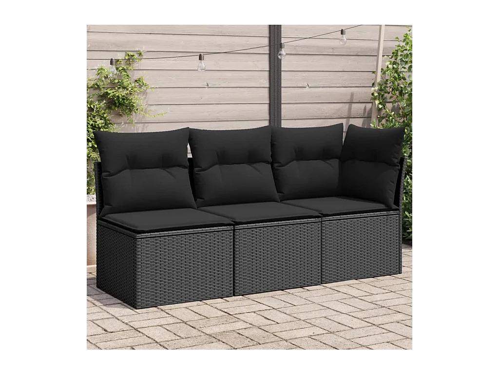 Canapé de jardin avec coussins 3 places noir résine tressée