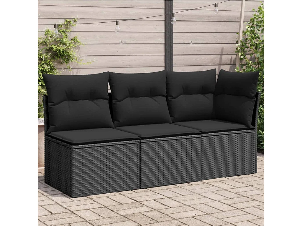 Canapé de jardin avec coussins 3 places noir résine tressée