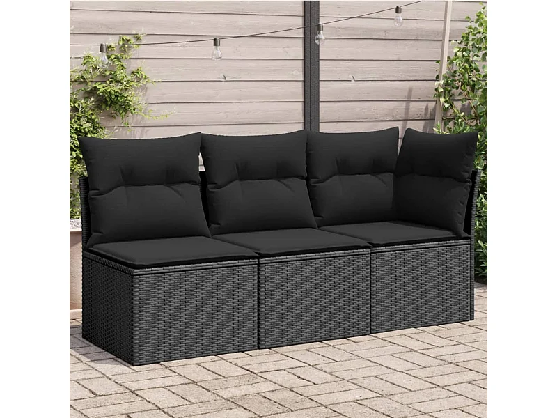 Divano da giardino con cuscini a 3 posti, resina intrecciata nera