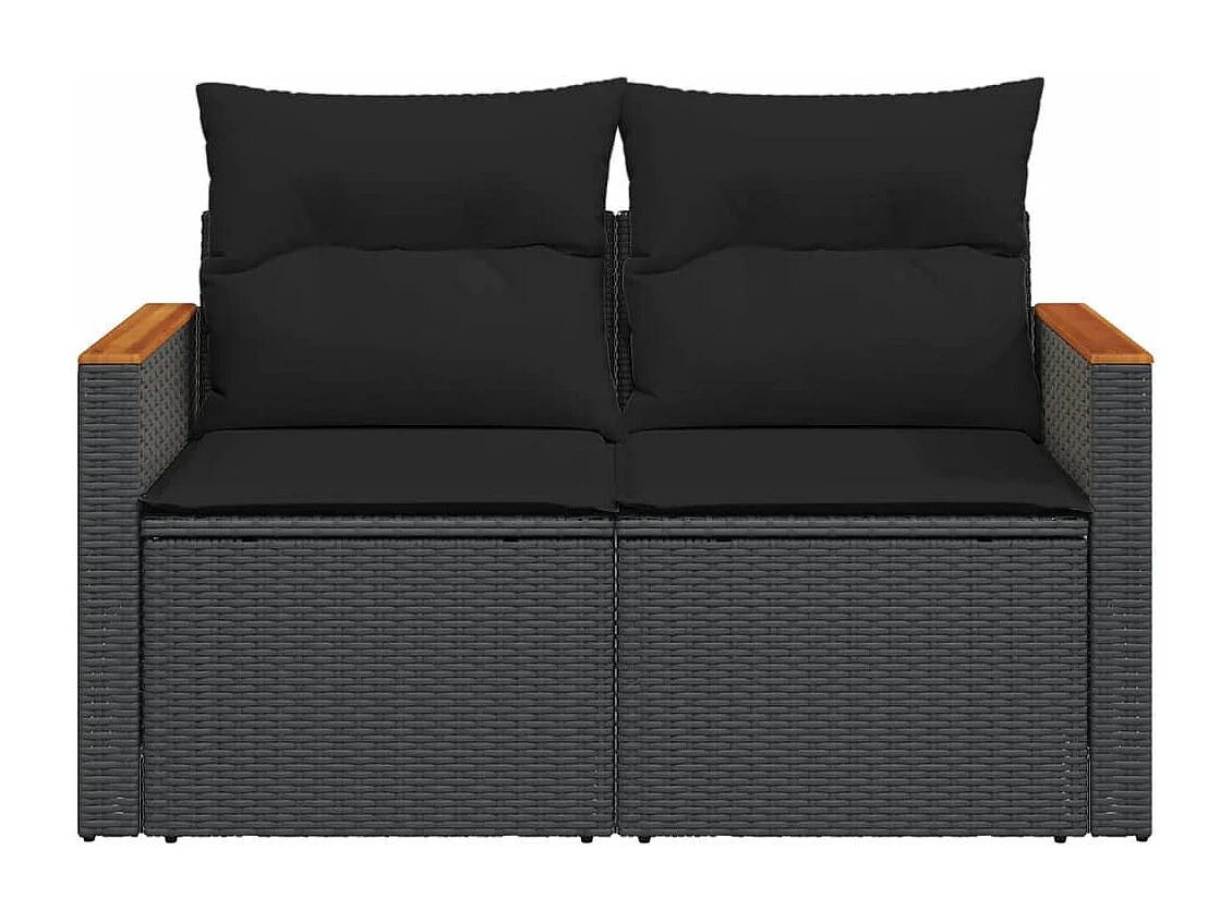 Canapé de jardin avec coussins 2 places noir résine tressée