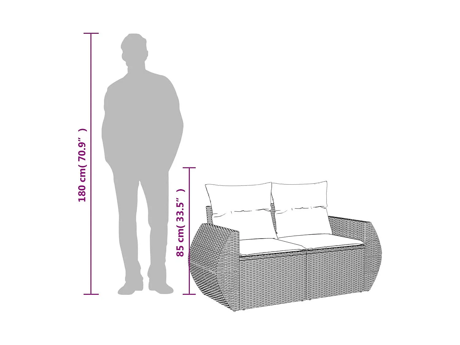 Canapé de jardin 2 places avec coussins gris résine tressée