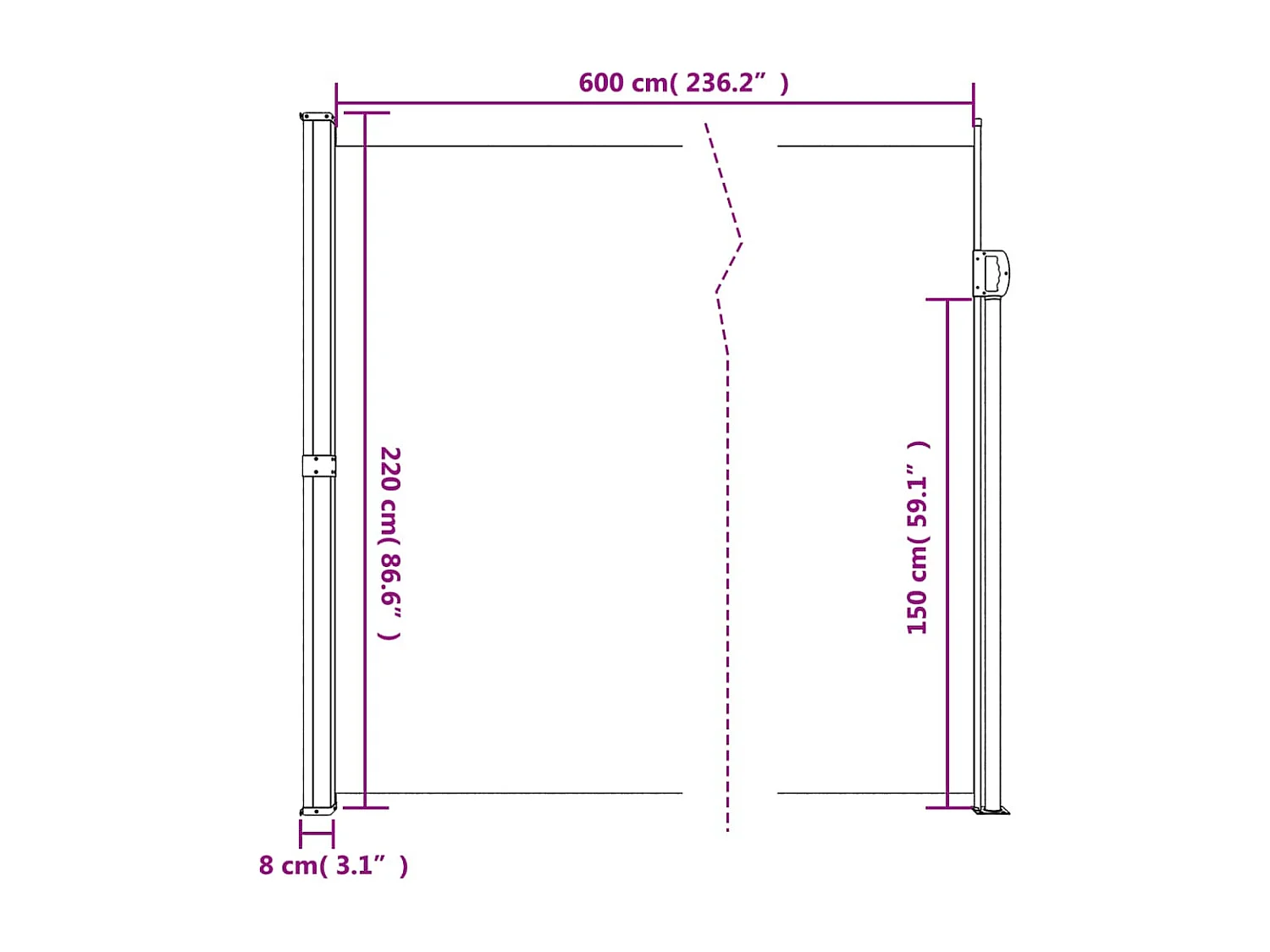 Auvent latéral rétractable crème 220x600 cm