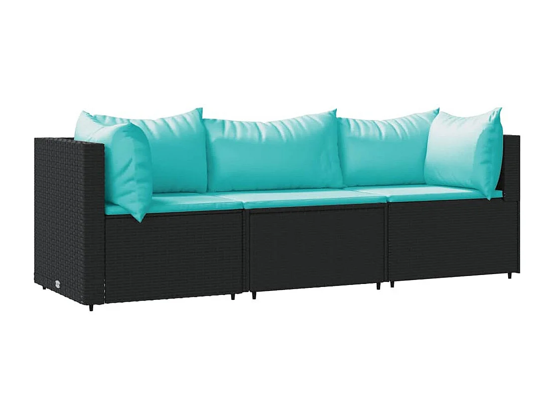 Salon de jardin 3 pcs avec coussins Noir Résine tressée