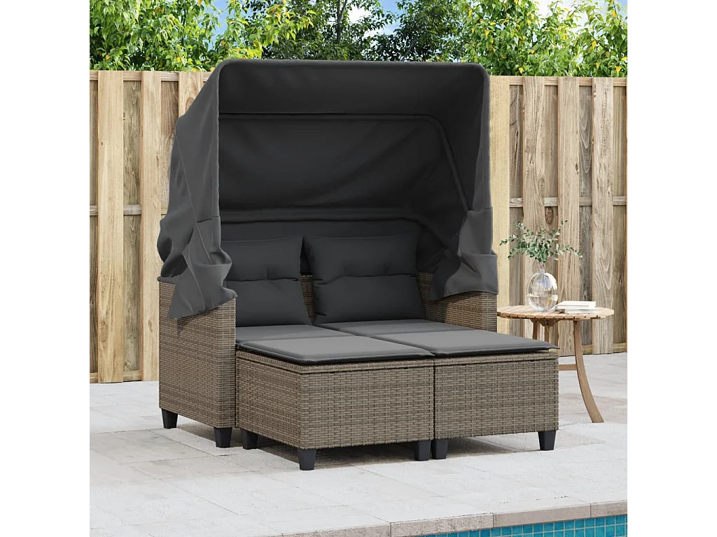 Divano da giardino a 2 posti con baldacchino e sgabelli in rattan grigio