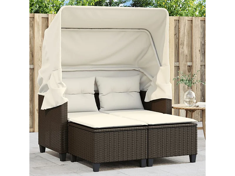 Divano da giardino a 2 posti con baldacchino e sgabelli in rattan marrone