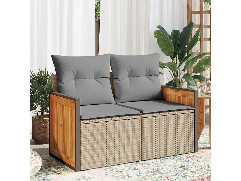 Canapé de jardin avec coussins 2 places beige résine tressée