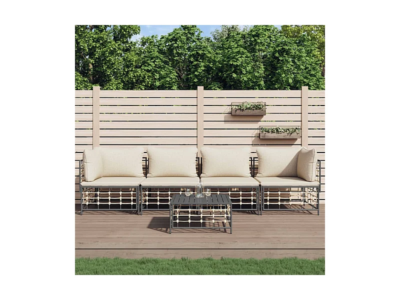 Salon de jardin 5 pcs avec coussins anthracite résine tressée