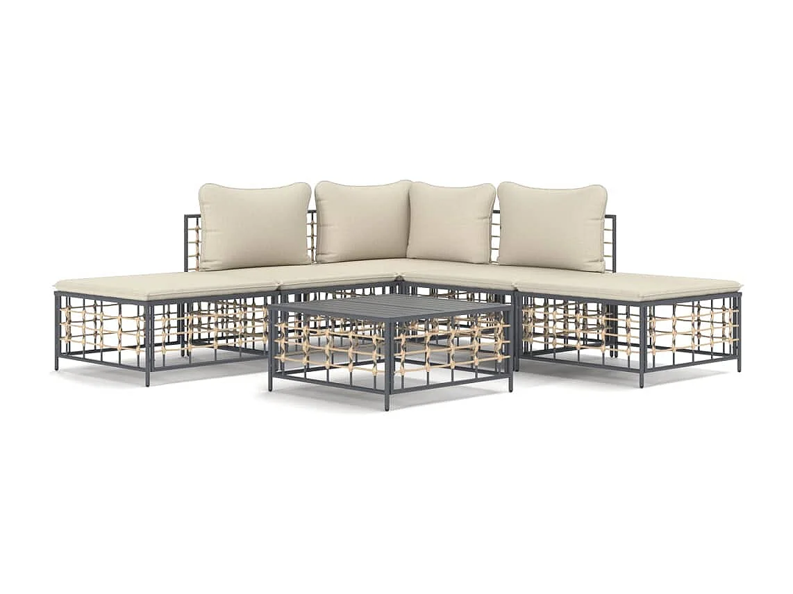 Salon de jardin 6 pcs avec coussins anthracite résine tressée