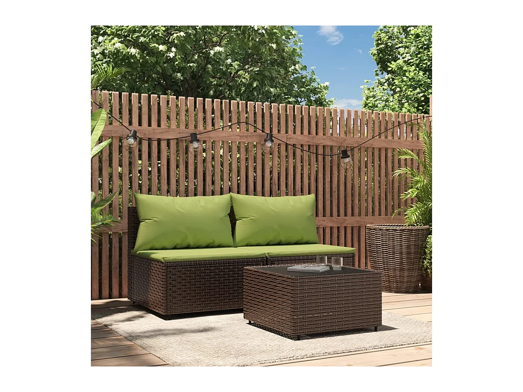 Mobili da giardino 3 pezzi con cuscini in resina intrecciata marrone