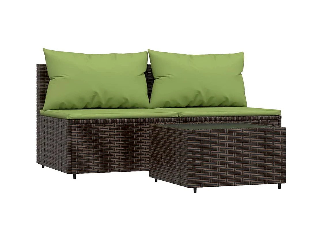 Mobili da giardino 3 pezzi con cuscini in resina intrecciata marrone