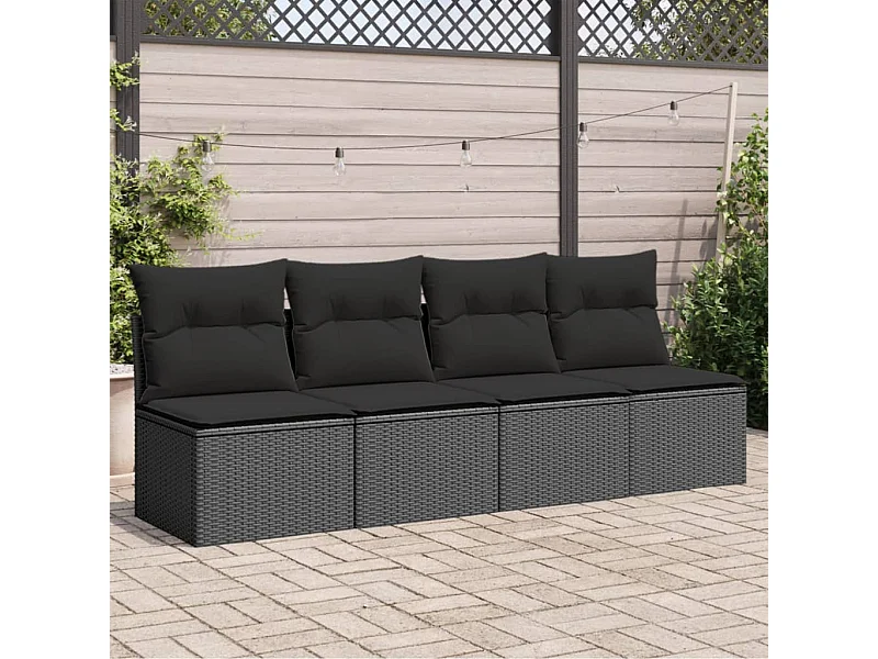 Divano da giardino con cuscini a 4 posti, resina intrecciata nera