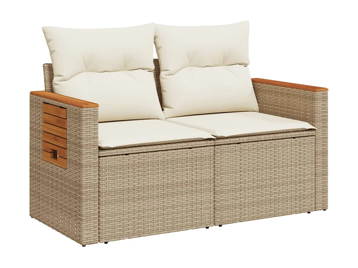 Divano da giardino con cuscini in resina intrecciata beige a 2 posti