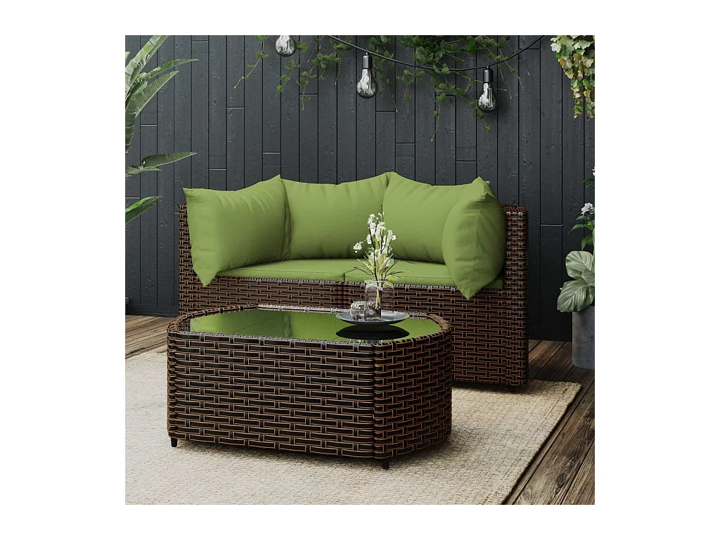 Mobili da giardino 3 pezzi con cuscini in resina intrecciata marrone