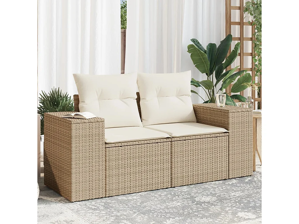 Divano da giardino con cuscini in resina intrecciata beige a 2 posti