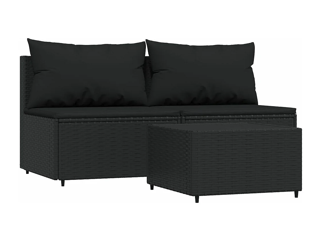 3 muebles de jardín con cojines de mimbre de resina negra.
