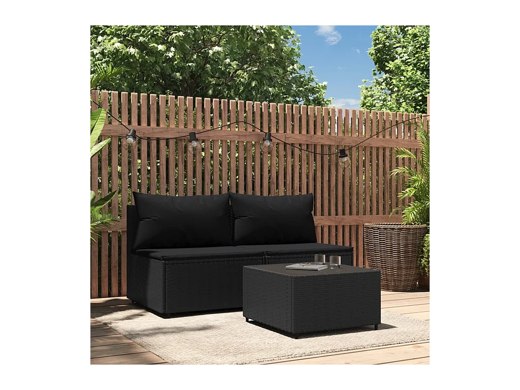 Salon de jardin 3 pcs avec coussins Noir Résine tressée