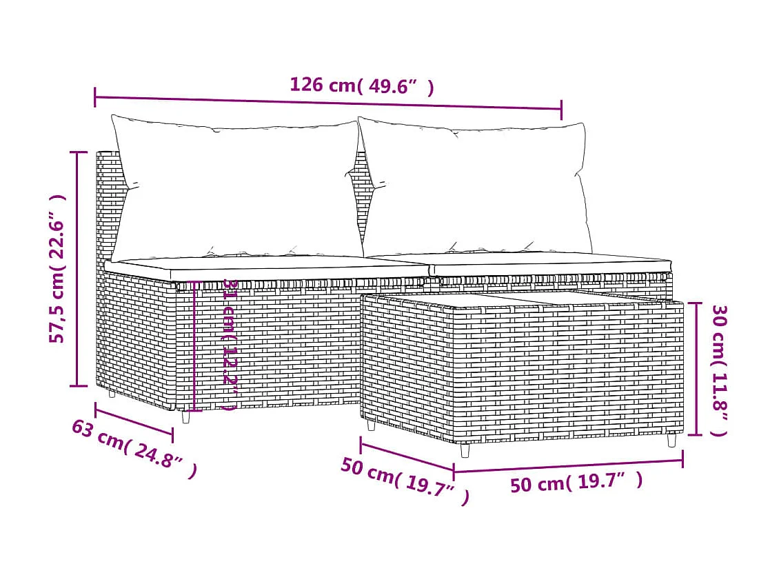 3 stuks tuinmeubelen met kussens Zwart harsriet