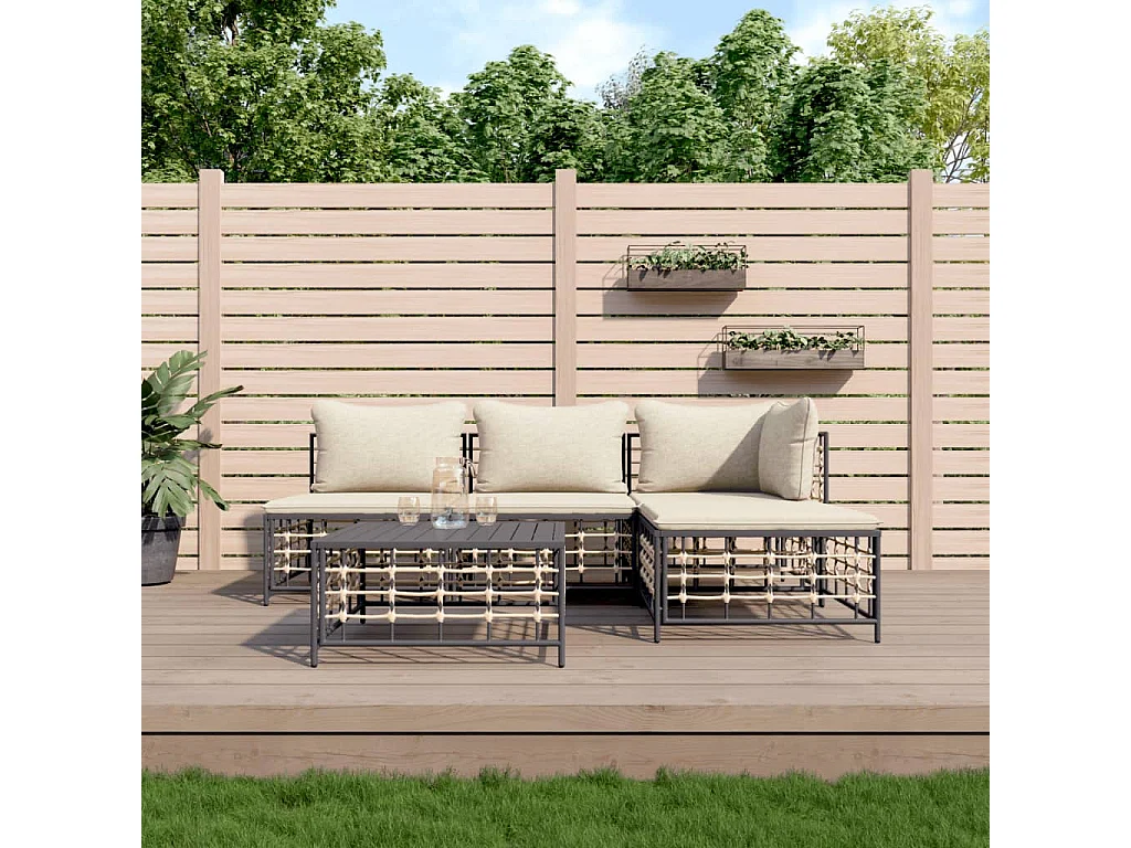 Salon de jardin 5 pcs avec coussins anthracite résine tressée