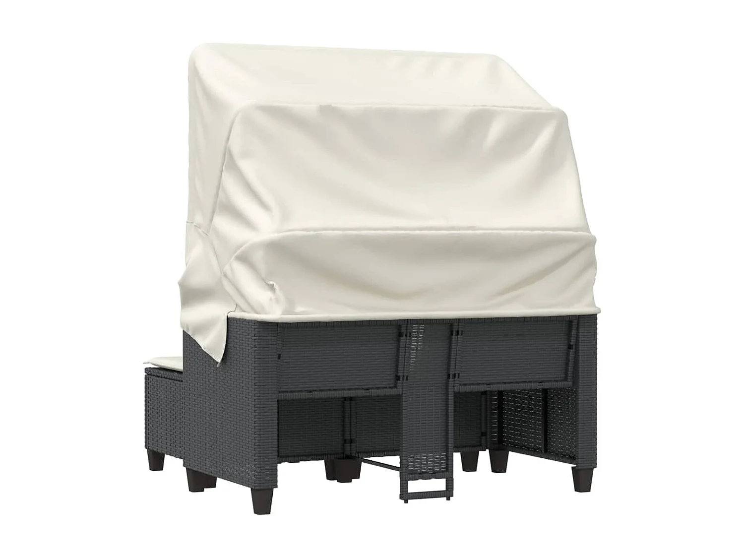 Sofá de jardim de 2 lugares com dossel e bancos de vime pretos