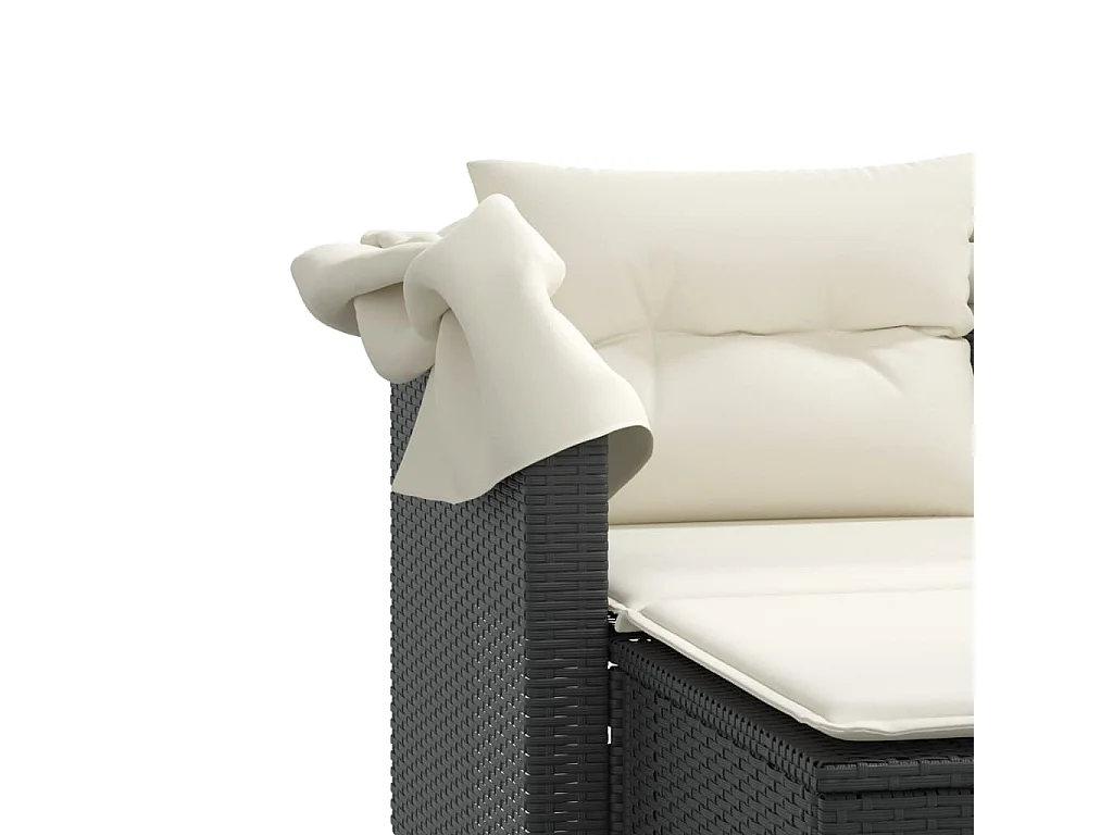 Sofá de jardim de 2 lugares com dossel e bancos de vime pretos