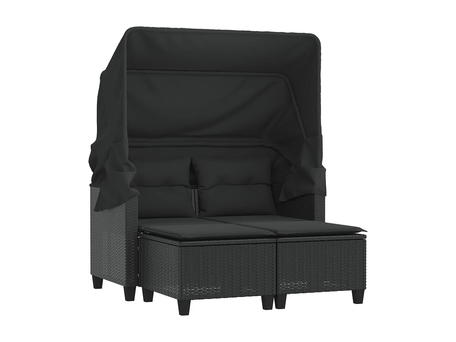 Canapé de jardin 2 places avec auvent et tabourets noir rotin