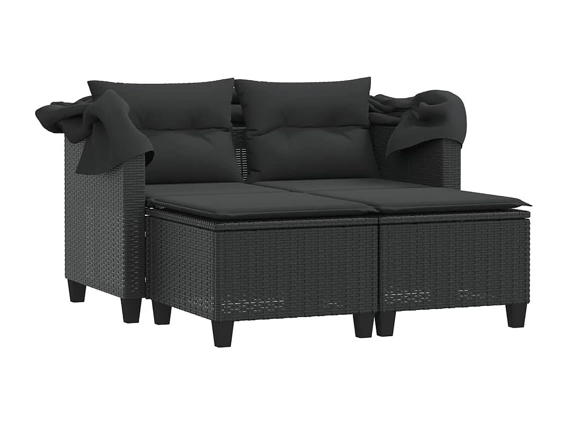 Canapé de jardin 2 places avec auvent et tabourets noir rotin